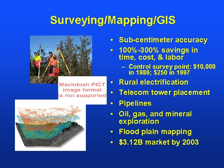 Surveying/Mapping/GIS • Sub-centimeter accuracy • 100%-300% savings in time, cost, & labor – Control
