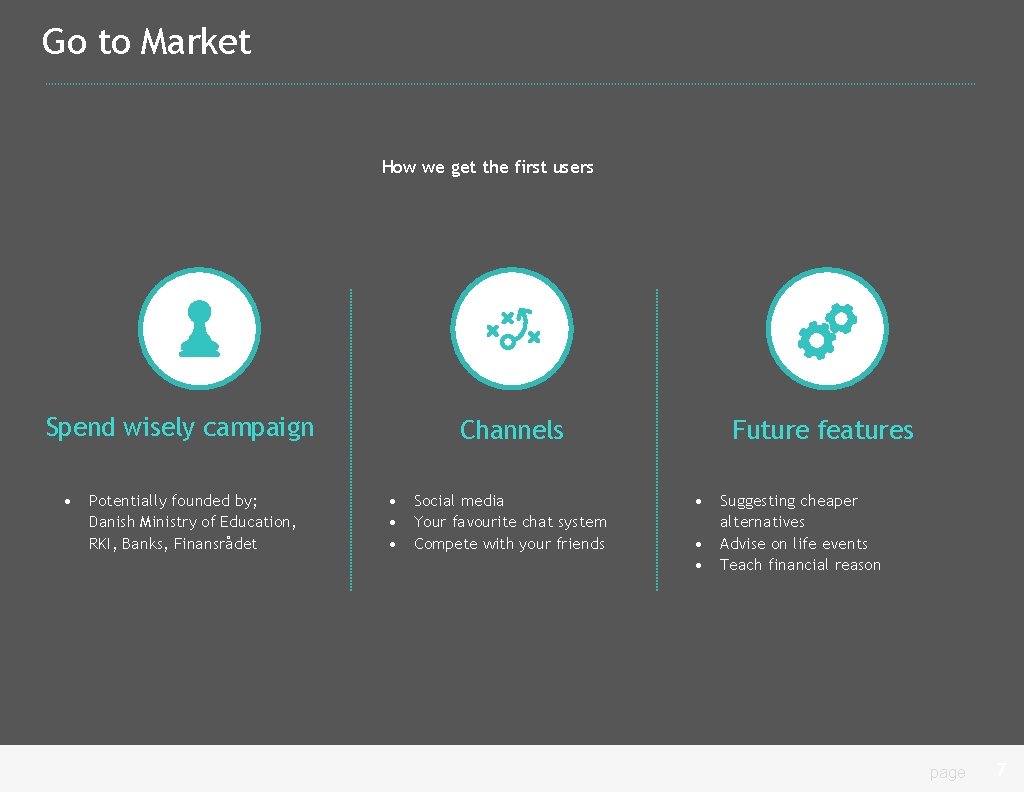 Go to Market How we get the first users Spend wisely campaign • Potentially