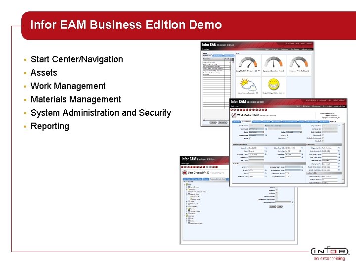 Infor EAM Business Edition Demo § Start Center/Navigation Assets § Work Management § Materials
