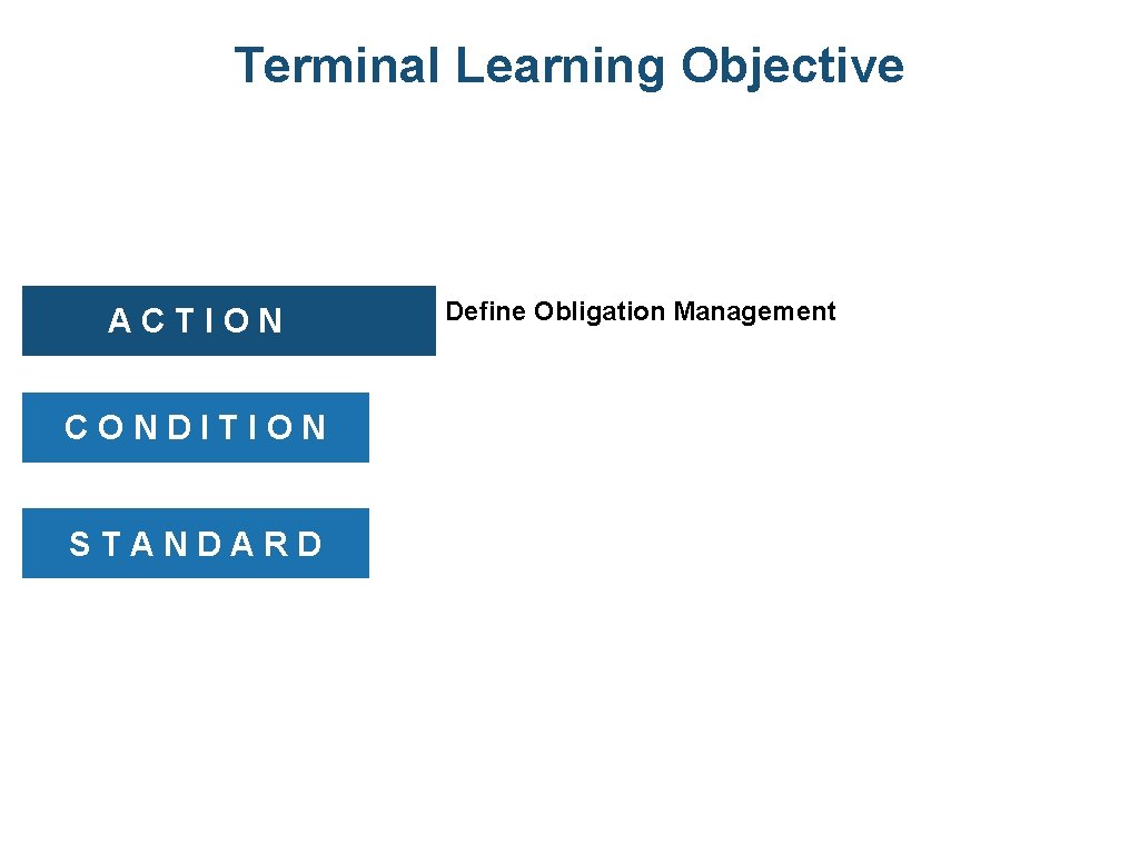 Terminal Learning Objective ACTION CONDITION STANDARD Define Obligation Management 
