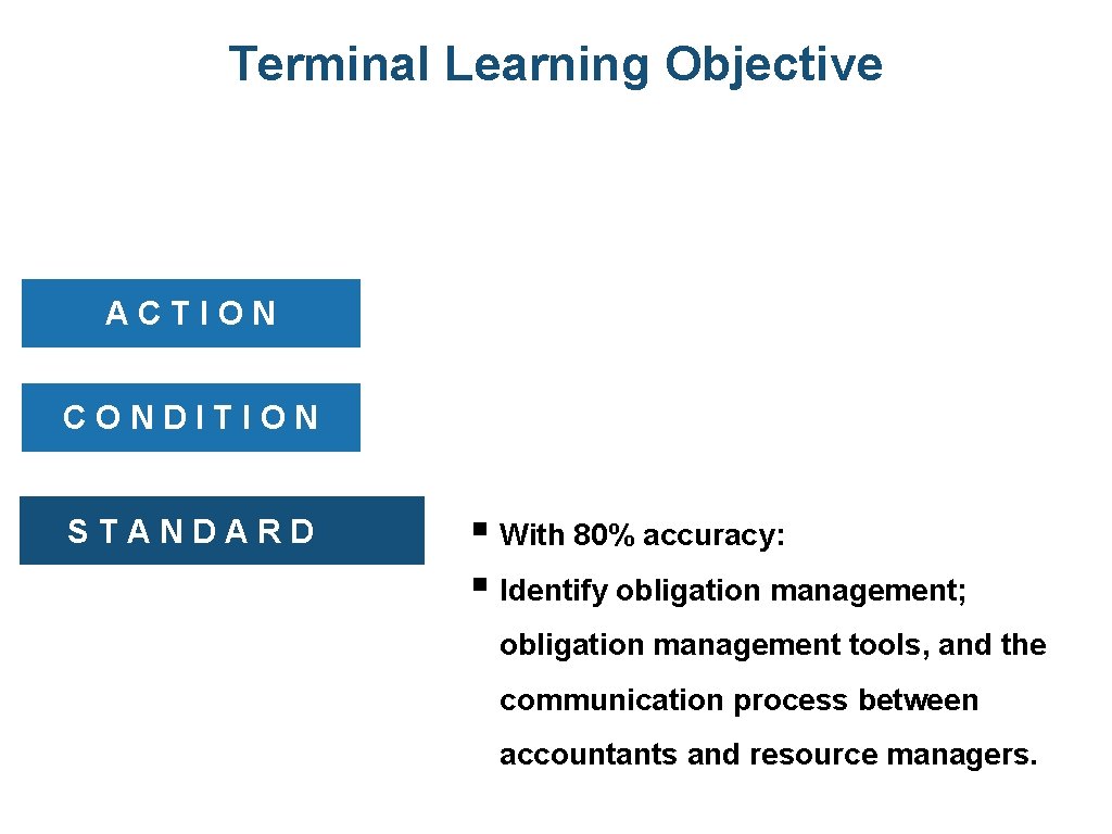Terminal Learning Objective ACTION CONDITION STANDARD § With 80% accuracy: § Identify obligation management;