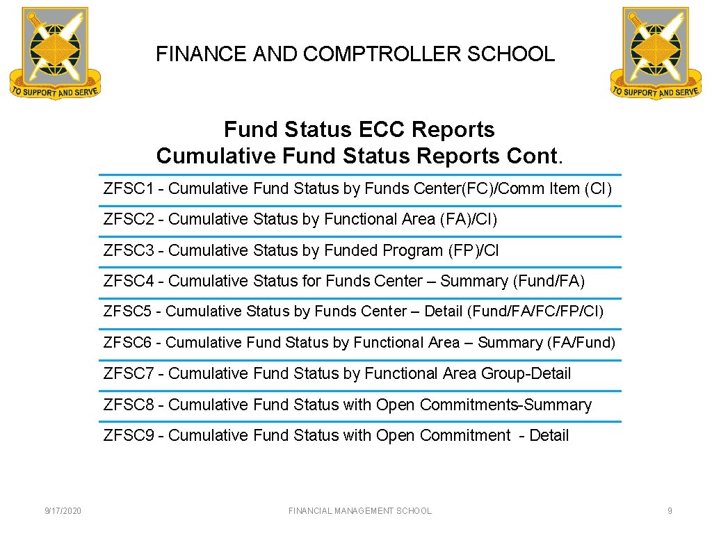 FINANCE AND COMPTROLLER SCHOOL Fund Status ECC Reports Cumulative Fund Status Reports Cont. ZFSC