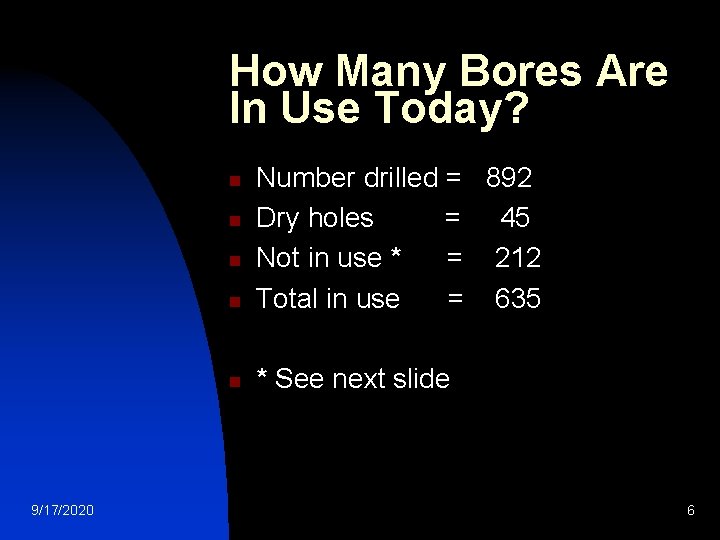 How Many Bores Are In Use Today? n Number drilled = 892 Dry holes