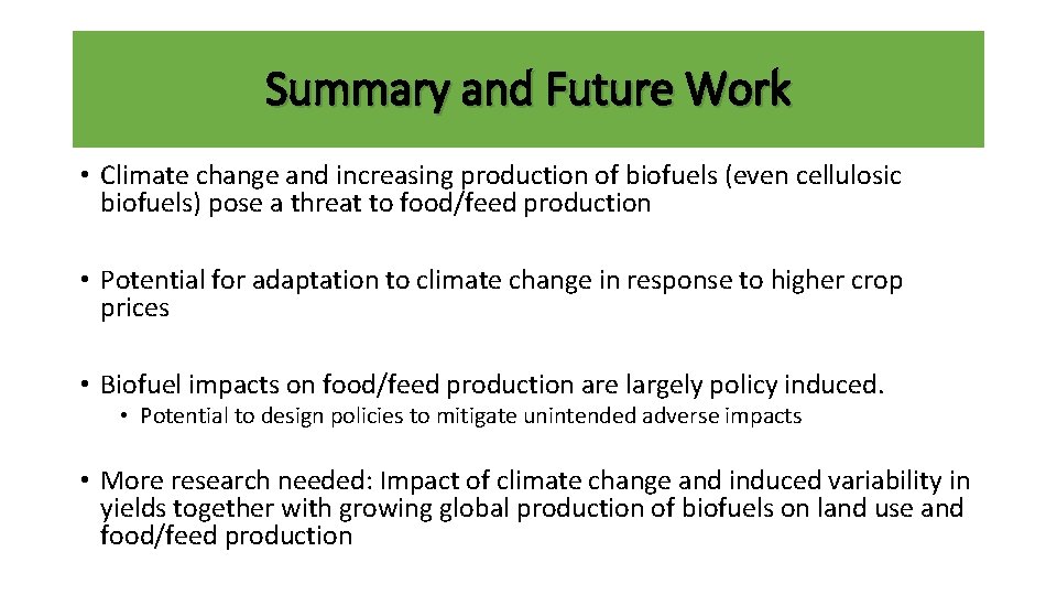 Summary and Future Work • Climate change and increasing production of biofuels (even cellulosic