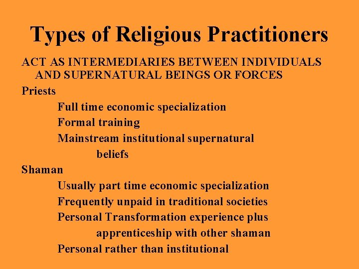 Types of Religious Practitioners ACT AS INTERMEDIARIES BETWEEN INDIVIDUALS AND SUPERNATURAL BEINGS OR FORCES