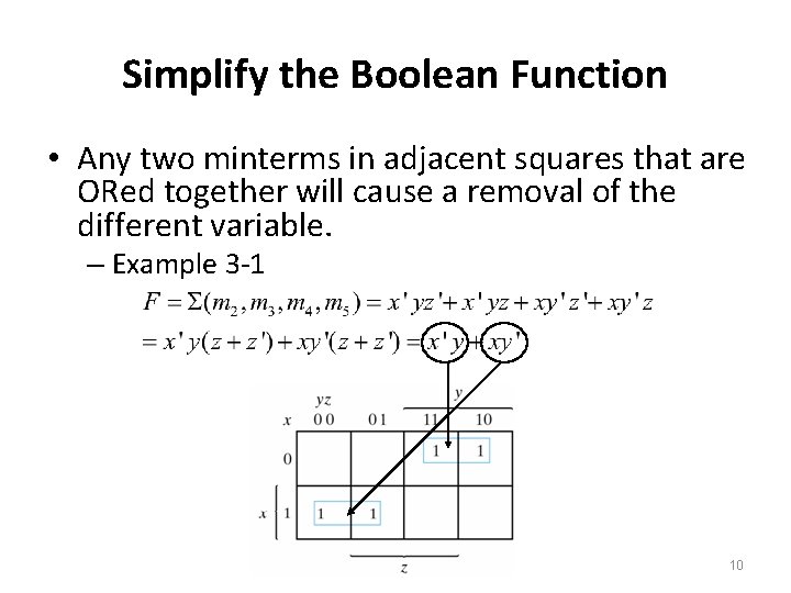 Simplify the Boolean Function • Any two minterms in adjacent squares that are ORed Simplify the Boolean Function • Any two minterms in adjacent squares that are ORed