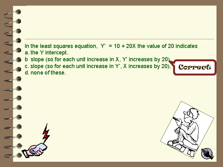 In the least squares equation, Y’ = 10 + 20 X the value of