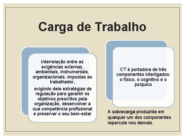 Carga de Trabalho Interrelação entre as exigências externas, ambientais, instrumentais, organizacionais, impostas ao trabalhador,