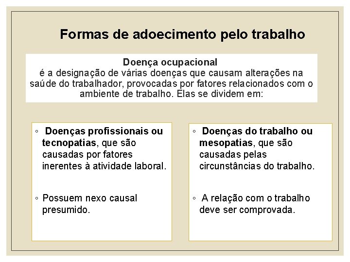 Formas de adoecimento pelo trabalho Doença ocupacional é a designação de várias doenças que