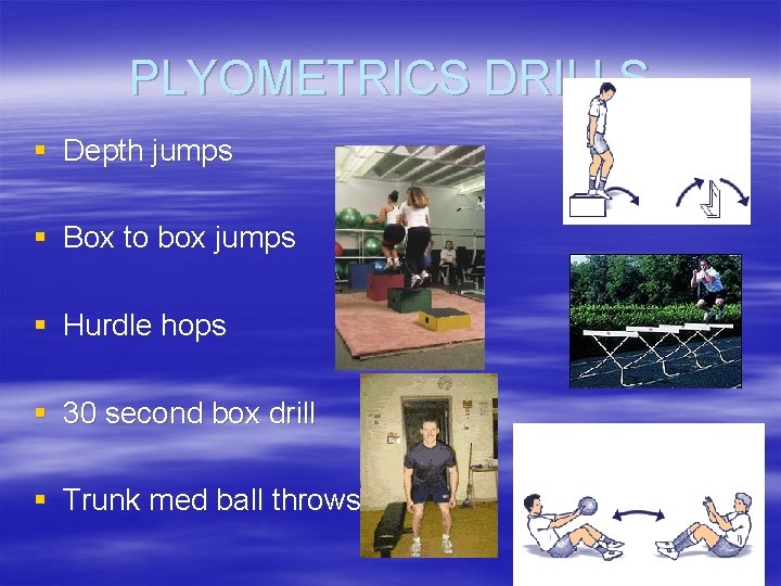 PLYOMETRICS DRILLS § Depth jumps § Box to box jumps § Hurdle hops §