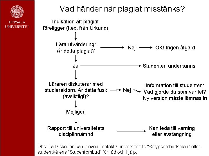 Vad händer när plagiat misstänks? Indikation att plagiat föreligger (t. ex. från Urkund) Lärarutvärdering: