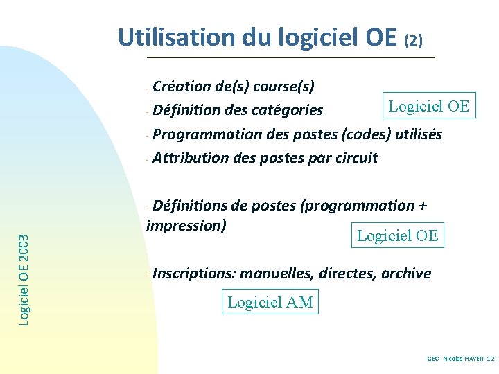 Utilisation du logiciel OE (2) Création de(s) course(s) Logiciel OE - Définition des catégories