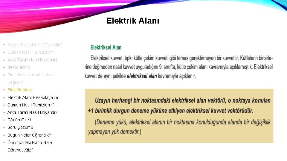 Elektrik Alanı • Geçen Hafta Neler Öğrendik? • Duman Nasıl Temizlenir? • Arka Tarafı