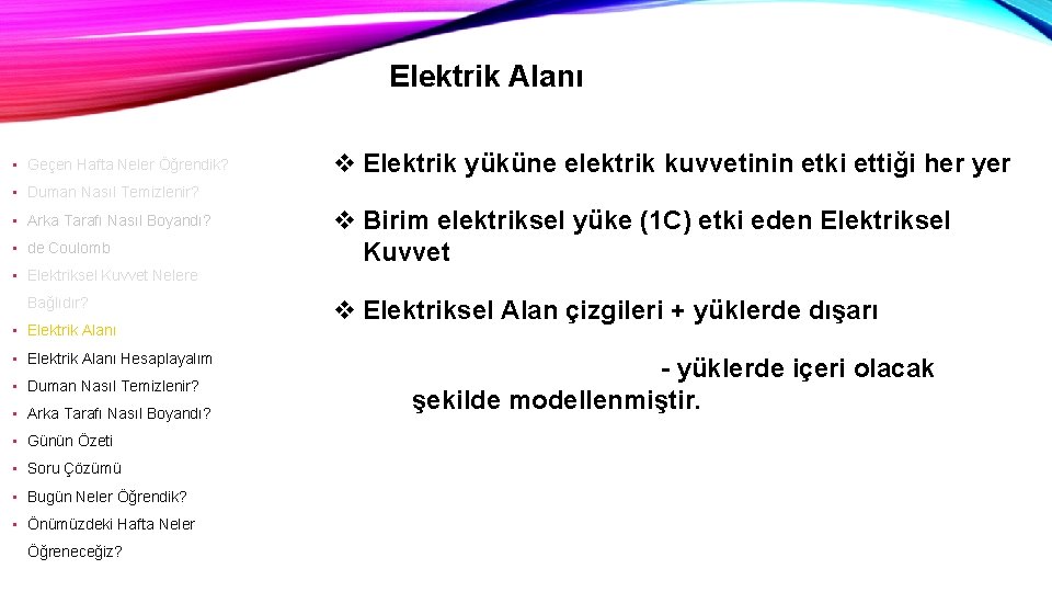 Elektrik Alanı • Geçen Hafta Neler Öğrendik? v Elektrik yüküne elektrik kuvvetinin etki ettiği