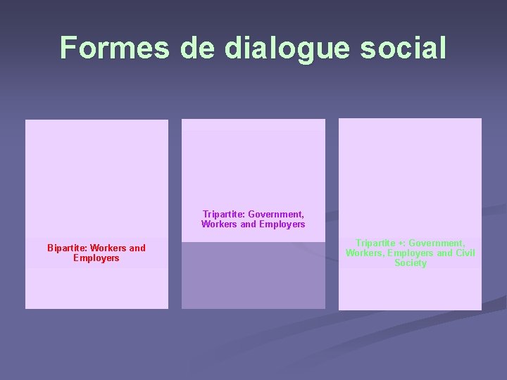 Formes de dialogue social Tripartite: Government, Workers and Employers Bipartite: Workers and Employers Tripartite