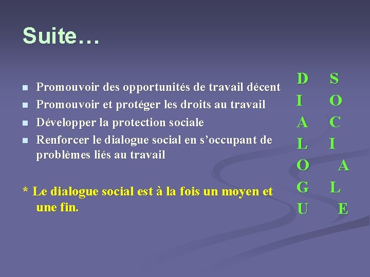 Suite… n n Promouvoir des opportunités de travail décent Promouvoir et protéger les droits