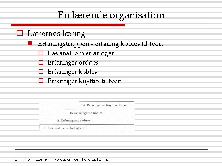 En lærende organisation o Lærernes læring n Erfaringstrappen - erfaring kobles til teori o