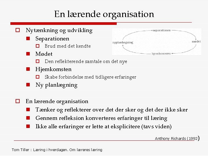 En lærende organisation o Nytænkning og udvikling n Separationen o Brud med det kendte