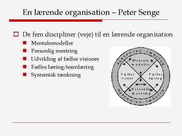 En lærende organisation – Peter Senge o De fem discipliner (veje) til en lærende