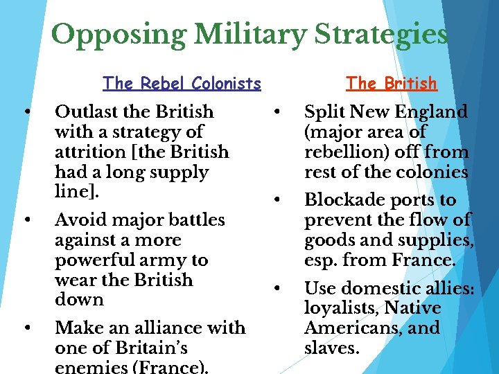 Opposing Military Strategies The Rebel Colonists • • • Outlast the British with a