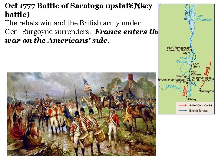 Oct 1777 Battle of Saratoga upstate Y)N(key battle) The rebels win and the British