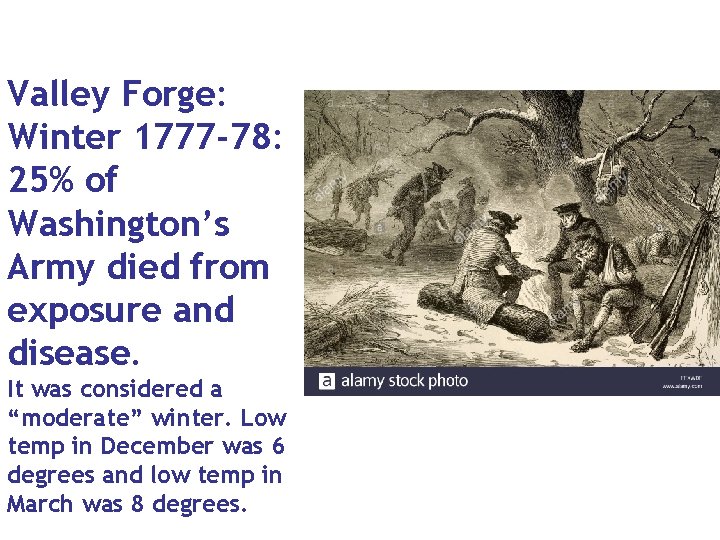 Valley Forge: Winter 1777 -78: 25% of Washington’s Army died from exposure and disease.