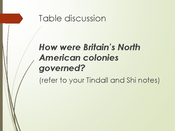 Table discussion How were Britain’s North American colonies governed? (refer to your Tindall and