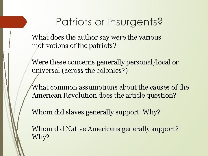 Patriots or Insurgents? What does the author say were the various motivations of the