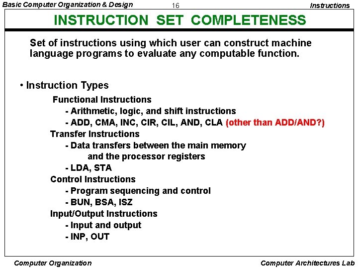 Basic Computer Organization & Design 16 Instructions INSTRUCTION SET COMPLETENESS Set of instructions using