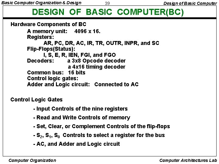 Basic Computer Organization & Design 39 Design of Basic Computer DESIGN OF BASIC COMPUTER(BC)