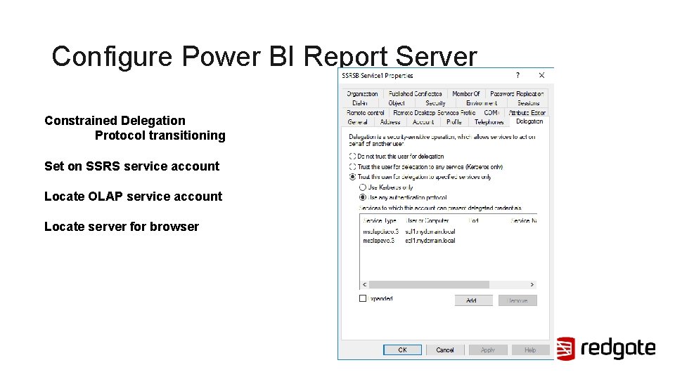 Configure Power BI Report Server Constrained Delegation Protocol transitioning Set on SSRS service account