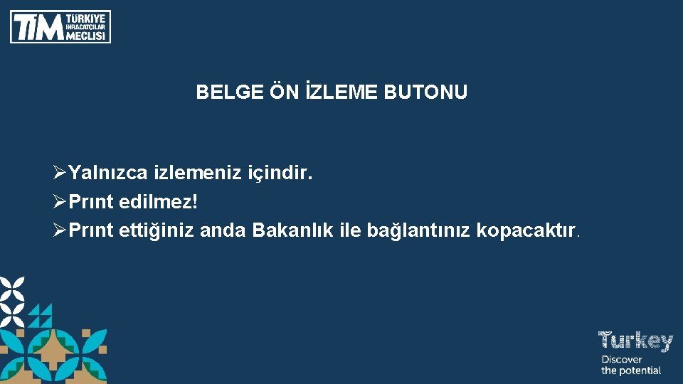 BELGE ÖN İZLEME BUTONU ØYalnızca izlemeniz içindir. ØPrınt edilmez! ØPrınt ettiğiniz anda Bakanlık ile