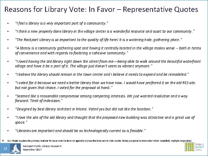 Reasons for Library Vote: In Favor – Representative Quotes Ø 13 • “I feel