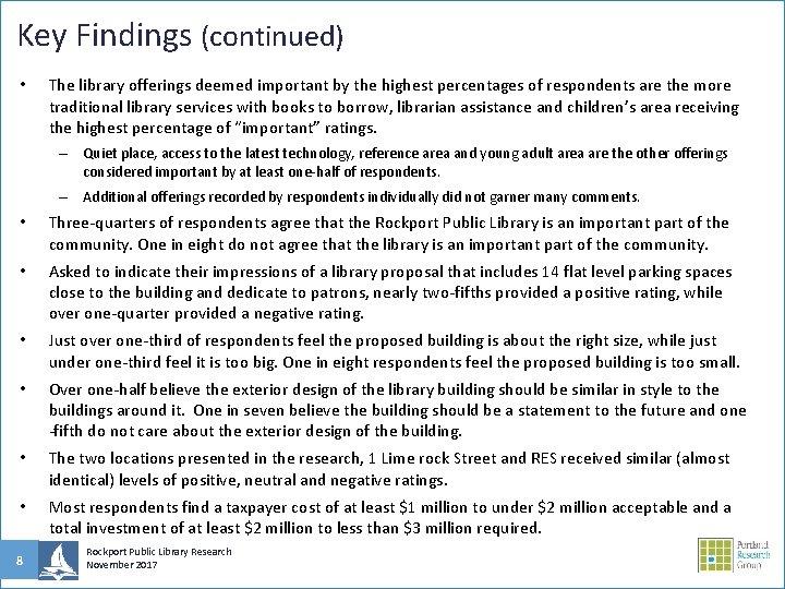Key Findings (continued) • The library offerings deemed important by the highest percentages of