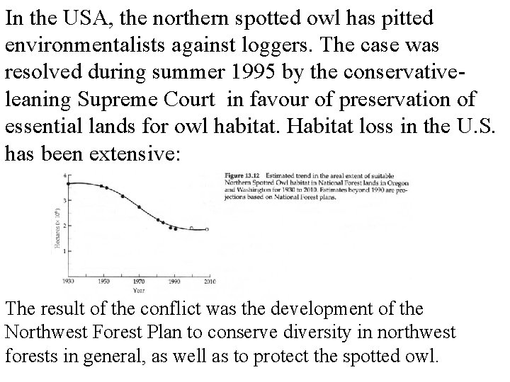 In the USA, the northern spotted owl has pitted environmentalists against loggers. The case