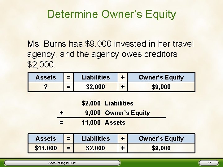 Determine Owner’s Equity Ms. Burns has $9, 000 invested in her travel agency, and