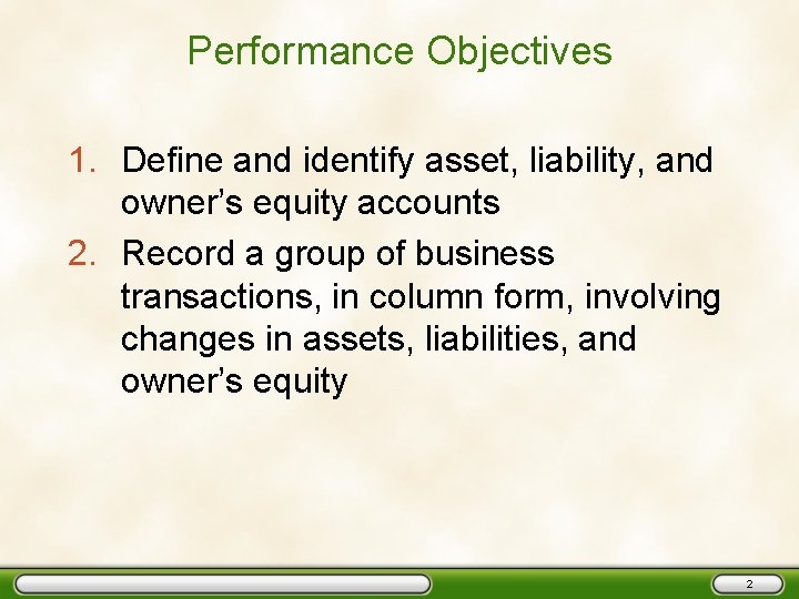Performance Objectives 1. Define and identify asset, liability, and owner’s equity accounts 2. Record