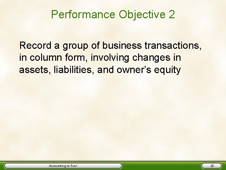 Performance Objective 2 Record a group of business transactions, in column form, involving changes