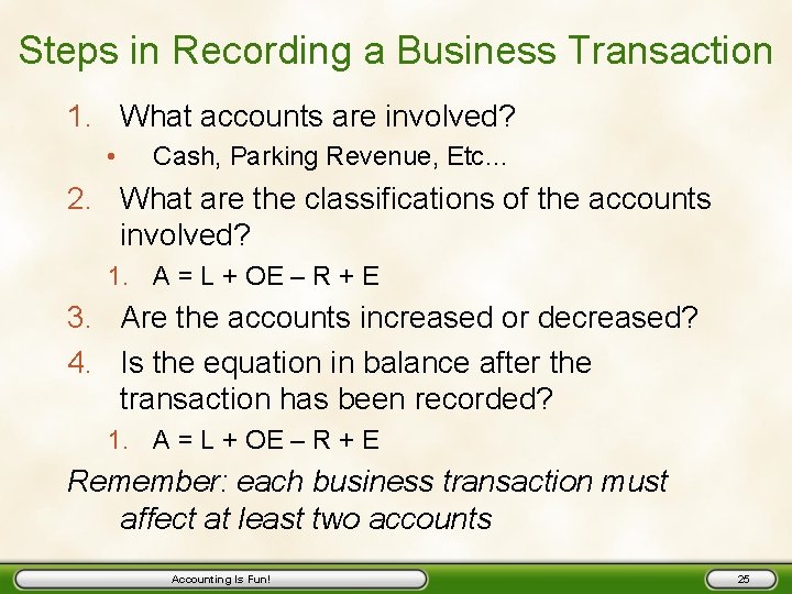 Steps in Recording a Business Transaction 1. What accounts are involved? • Cash, Parking