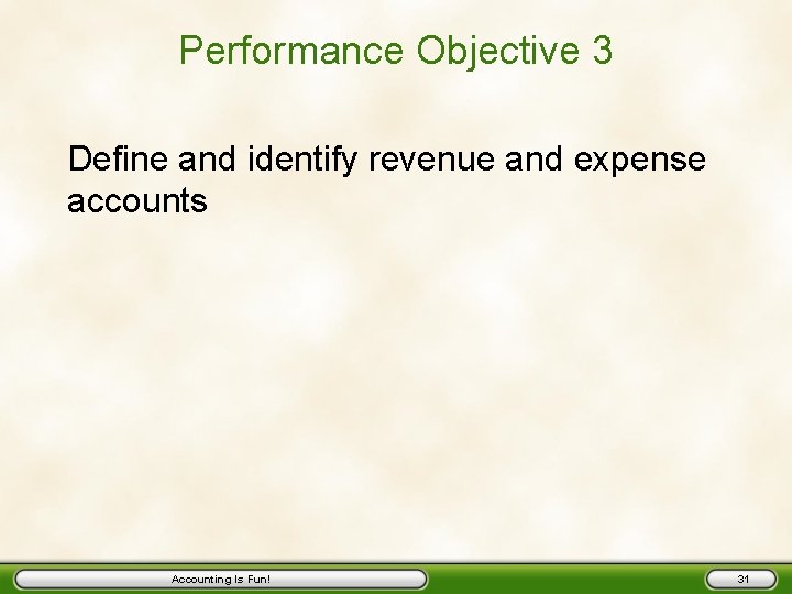 Performance Objective 3 Define and identify revenue and expense accounts Accounting Is Fun! 31