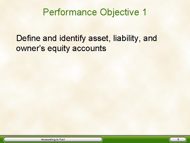 Performance Objective 1 Define and identify asset, liability, and owner’s equity accounts Accounting Is