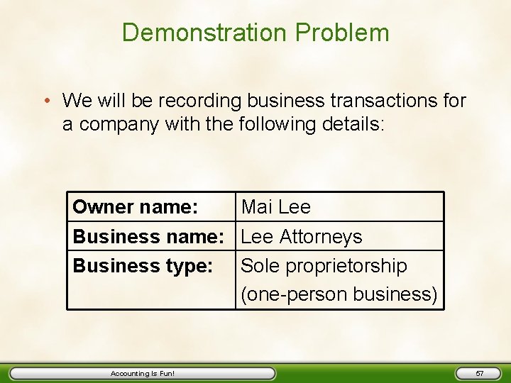 Demonstration Problem • We will be recording business transactions for a company with the