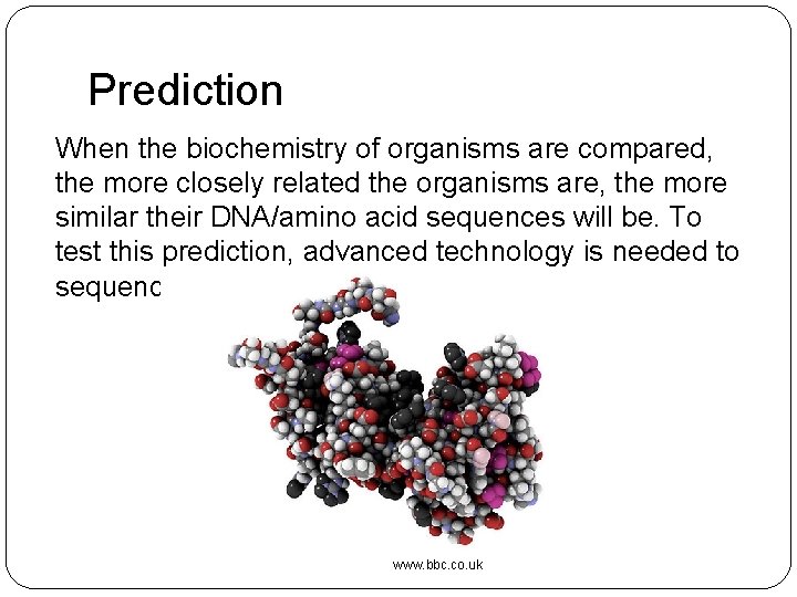 Prediction When the biochemistry of organisms are compared, the more closely related the organisms