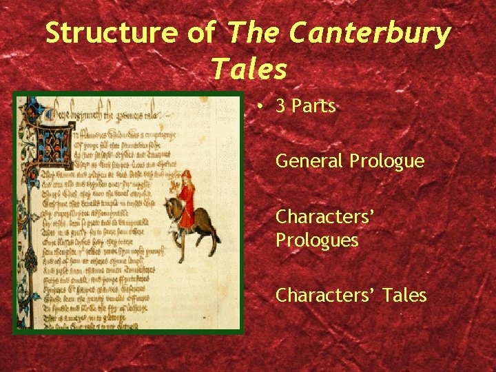 Structure of The Canterbury Tales • 3 Parts General Prologue Characters’ Prologues Characters’ Tales