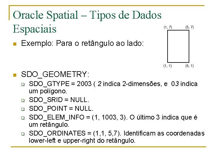 Oracle Spatial – Tipos de Dados Espaciais n Exemplo: Para o retângulo ao lado: