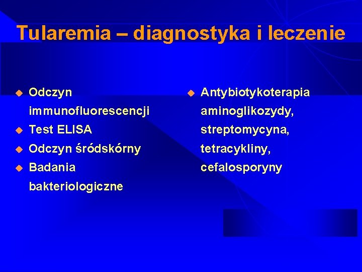 Tularemia – diagnostyka i leczenie u Odczyn u Antybiotykoterapia immunofluorescencji aminoglikozydy, u Test ELISA