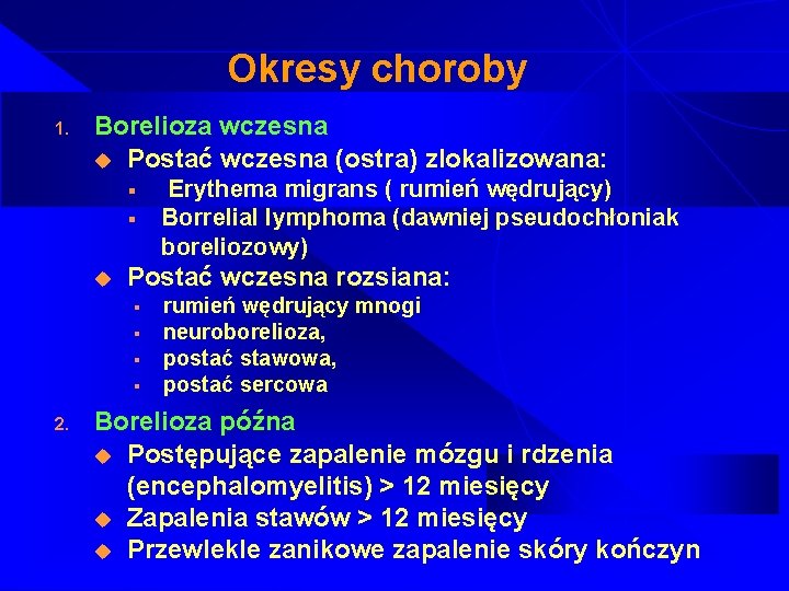 Okresy choroby 1. Borelioza wczesna u Postać wczesna (ostra) zlokalizowana: § § u Postać