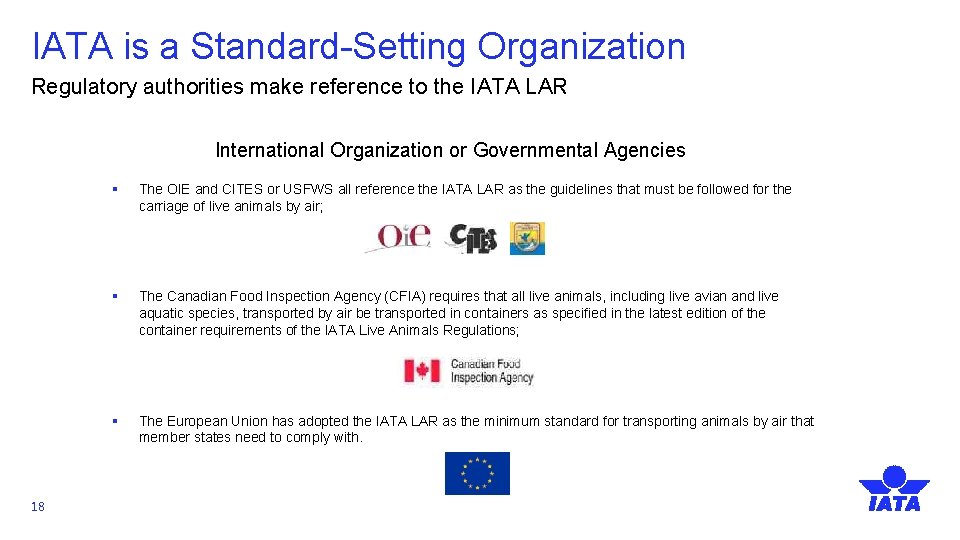 IATA is a Standard-Setting Organization Regulatory authorities make reference to the IATA LAR International