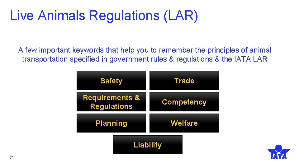 Live Animals Regulations (LAR) A few important keywords that help you to remember the