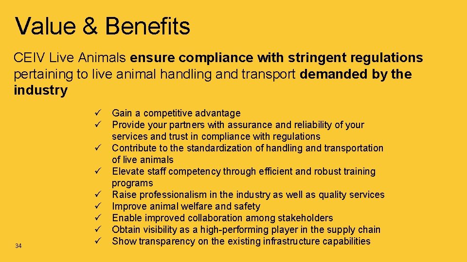 Value & Benefits CEIV Live Animals ensure compliance with stringent regulations pertaining to live